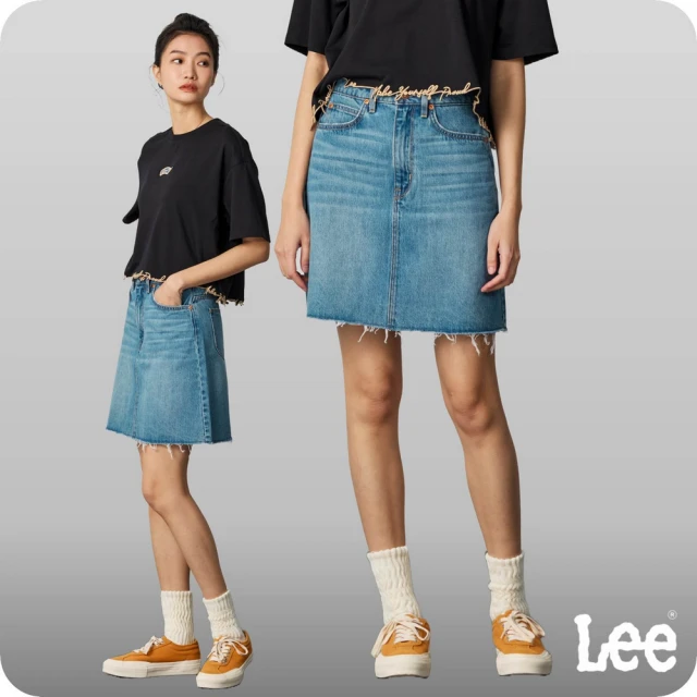 【Lee 官方旗艦】女裝 牛仔短裙 / A字形 下擺抽鬚 中藍洗水(LB423002801)