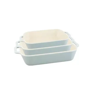 【法國Staub】馬卡龍長方型陶瓷烤盤3件組(奶油藍/青檸綠2色任選)