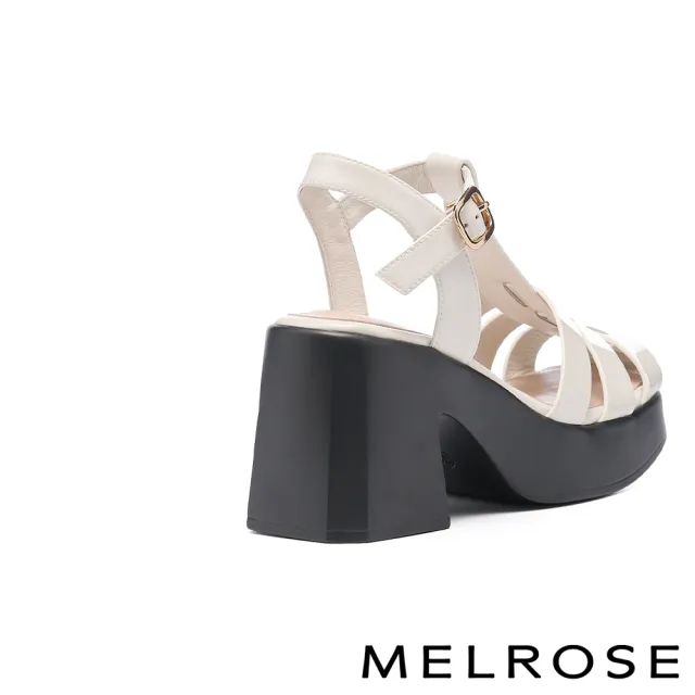 【MELROSE】美樂斯 質感率性編織帶造型牛漆皮方頭高跟涼鞋(米白)