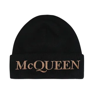 【Alexander McQueen】ALEXANDER McQUEEN刺繡LOGO羊絨毛帽(黑x棕)