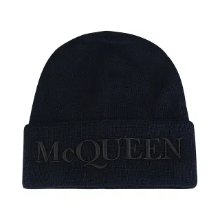 【Alexander McQueen】ALEXANDER McQUEEN刺繡LOGO羊絨毛帽(海軍藍x黑)