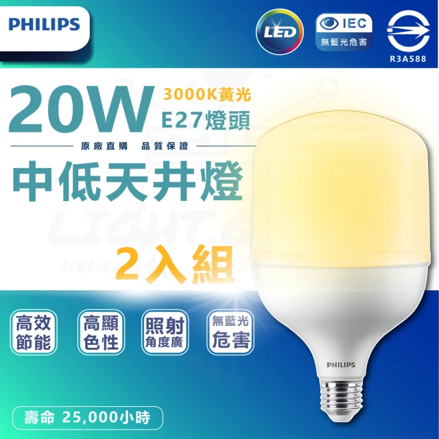 Philips 飛利浦 4入組 20W LED中低天井燈泡(3000K 黃光 E27燈頭 全電壓)