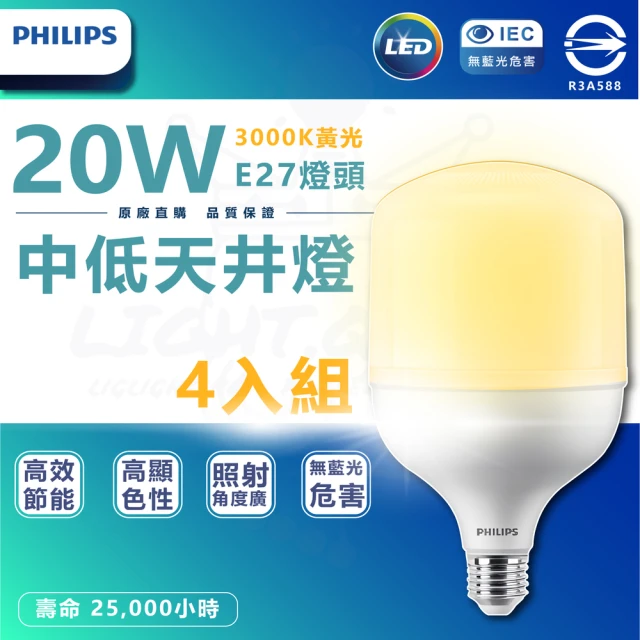 Philips 飛利浦 4入組 20W LED中低天井燈泡(3000K 黃光 E27燈頭 全電壓)