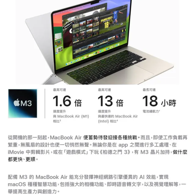 【Apple】手提電腦包★MacBook Air 15.3吋 M3 晶片 8核心CPU 與 10核心GPU 8G/512G SSD