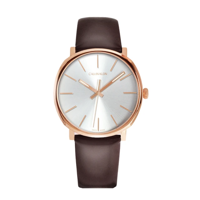 【Calvin Klein 凱文克萊】ck 玫瑰金殼 簡約白面 深咖啡色皮革錶帶 女錶 手錶 母親節(K8Q316G6)