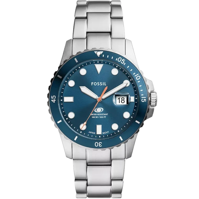 FOSSILFOSSIL Blue 幾何玩趣日曆手錶 銀色不鏽鋼錶帶 42MM(FS6050)