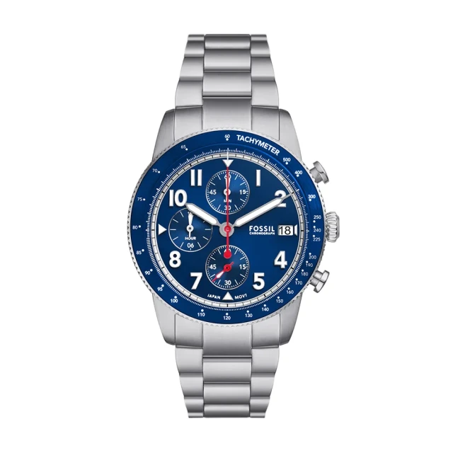 FOSSILFOSSIL Sport Tourer 經典海軍藍三眼計速造型手錶 銀色不鏽鋼錶帶 42MM(FS6047)