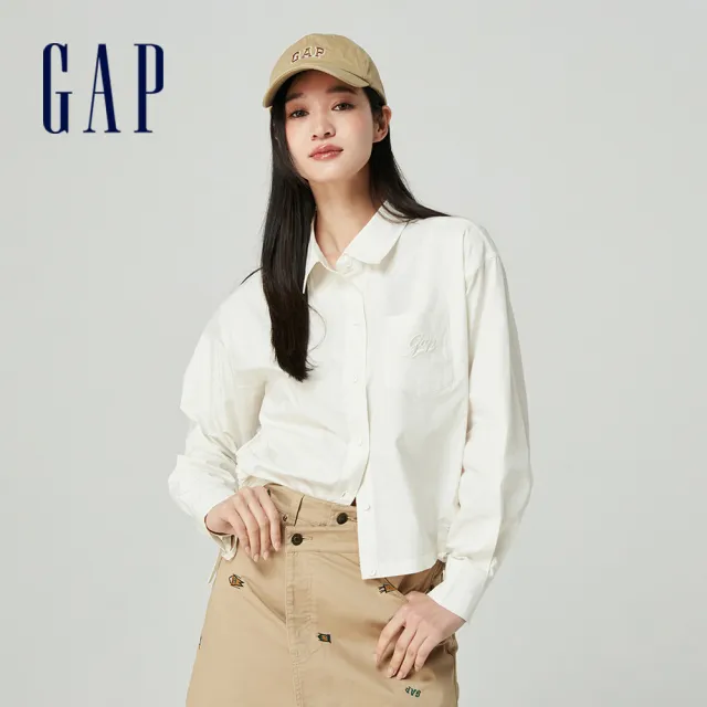 【GAP】女裝 Logo純棉翻領長袖襯衫-多色可選(873202)