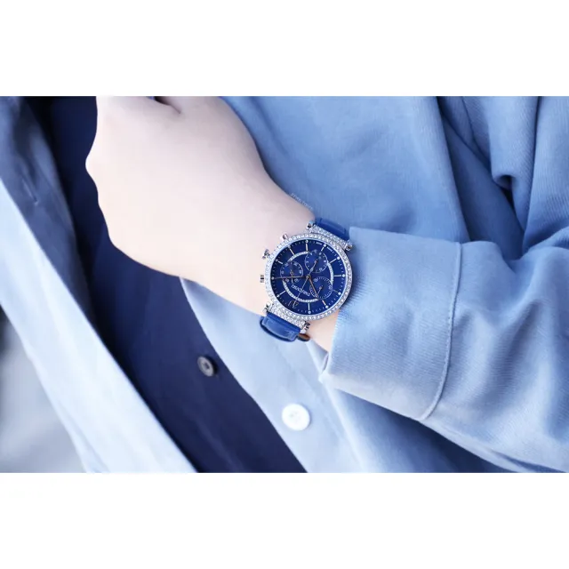 【SWAROVSKI 施華洛世奇】PASSAGE CHRONO 藍色 三眼計時皮革錶帶腕錶 手錶 女錶 母親節(5580342)