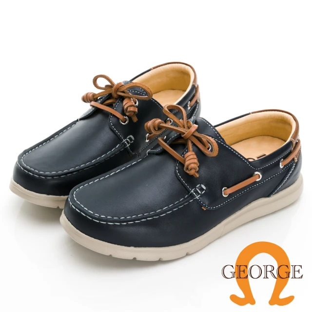 【GEORGE 喬治皮鞋】MODO系列 素面牛皮輕量繫帶帆船鞋 -藍 418001JI70