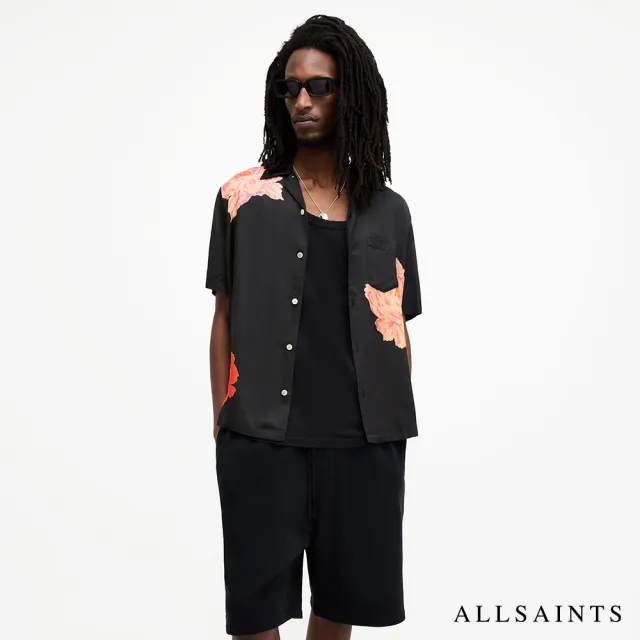 【ALLSAINTS】ROZE 人造絲寬鬆短袖夏威夷花卉印花襯衫-黑 M033SA(舒適版型)