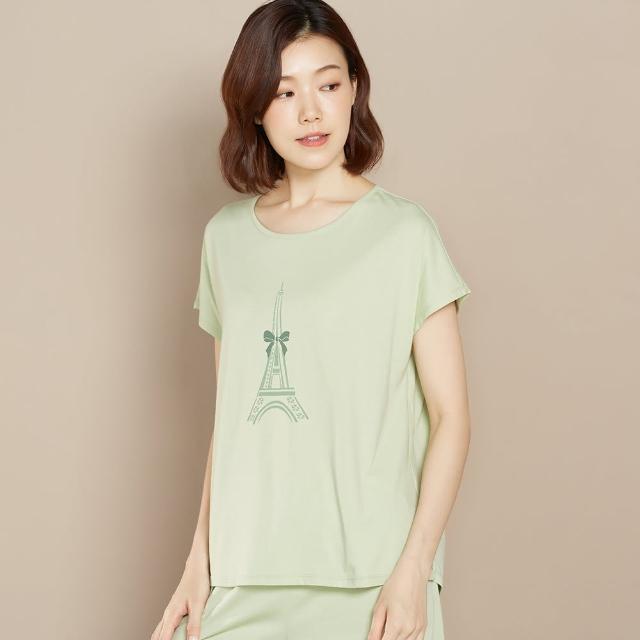 【YVONNE 以旺傢飾】出清品 乳木果巴黎鐵塔網印短袖上衣(若草綠)