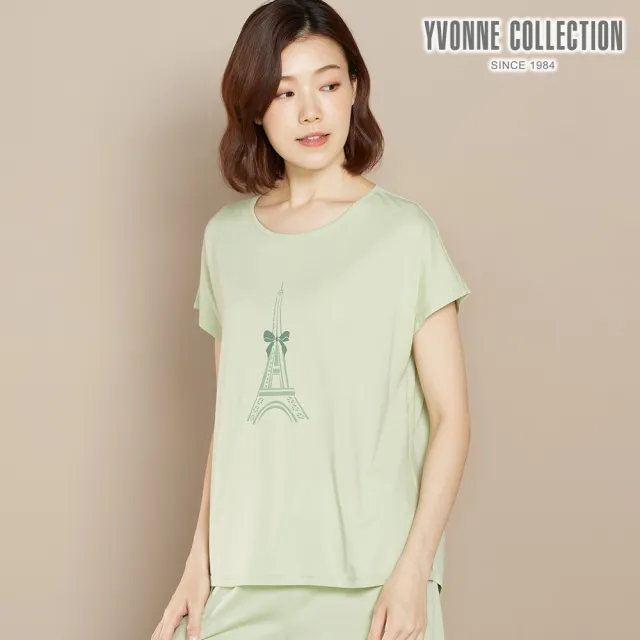 【YVONNE 以旺傢飾】出清品 乳木果巴黎鐵塔網印短袖上衣(若草綠)