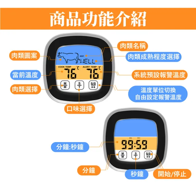 【食品控溫】多功能數位顯示探針溫度計(觸控式螢幕 烘焙 烤箱 烤肉 電子溫度計 水溫計 油溫計)