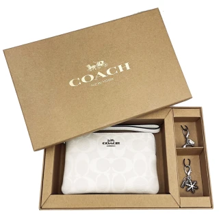 【COACH】C LOGO雙吊飾手拿零錢包禮盒(白)