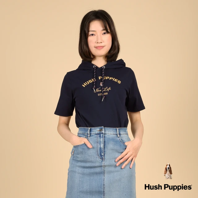 【Hush Puppies】女裝 帽T 簡約品牌英文刺繡小狗帽T(丈青 / 43202105)