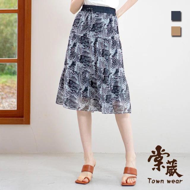 TOWN’WEAR 棠葳 典雅印花雪紡中長裙 2色(女下身/女下著/裙子/滿版/綁結/褲頭鬆緊)