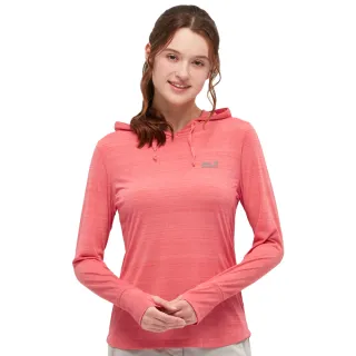 【Jack wolfskin 飛狼】女 涼感花紗指套長袖排汗衣 帽T(蜜桃紅)