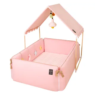 【gunite】多功能落地式沙發嬰兒床/陪睡床0-6歲六件組 床墊+床圍+止滑墊+床邊吊飾+屋頂+燈泡吊飾(巴黎粉)