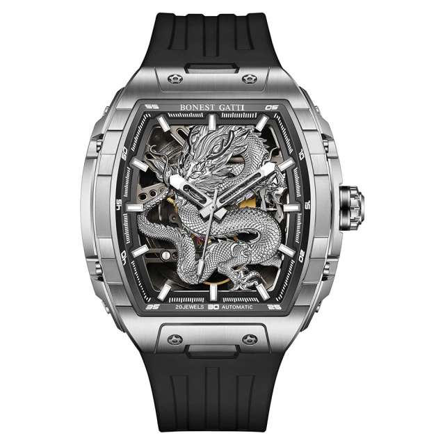【BONEST GATTI】布加迪 銀色款 龍年生肖 酒桶造型 不鏽鋼錶帶 機械手錶 贈原廠氟橡膠錶帶(BG5606-A3)