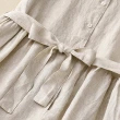 【ACheter】文藝復古棉麻感氣質短袖連身裙翻繫腰大擺長版洋裝#121449(杏/綠/藏青)