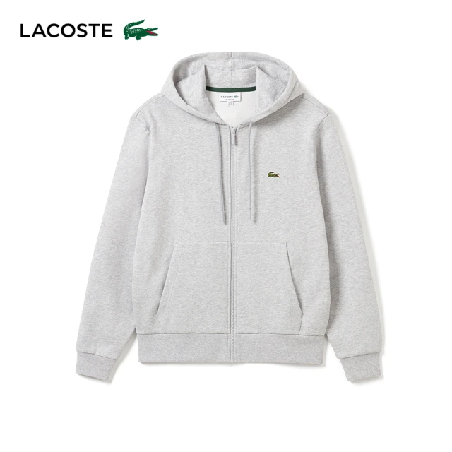 LACOSTE 男裝-抓絨慢跑拉鍊連帽外套(花紗灰)