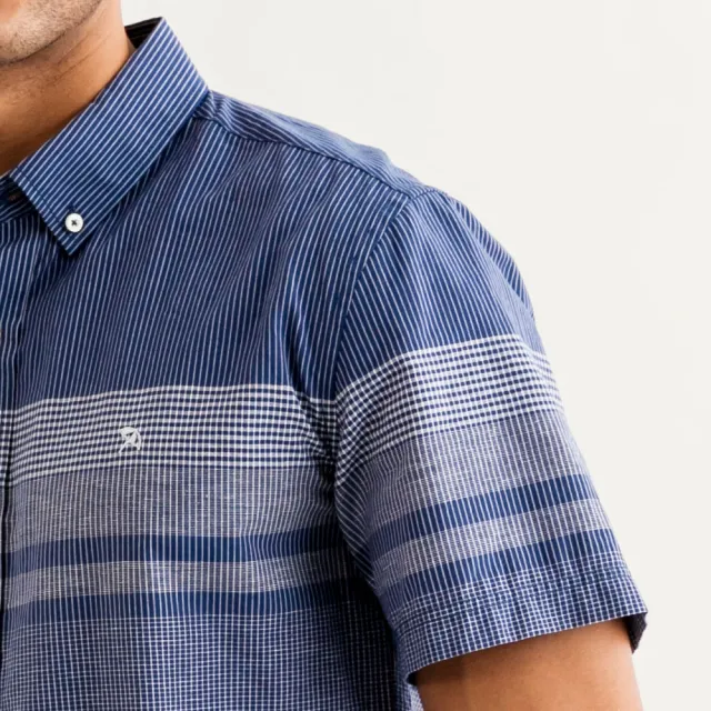 【Arnold Palmer 雨傘】男裝-質感格紋純棉短袖襯衫(深藍色)