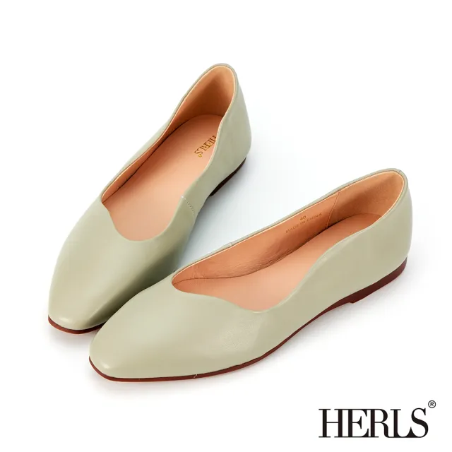 【HERLS】平底鞋-全真皮不規則曲線小方頭平底鞋(灰綠色)