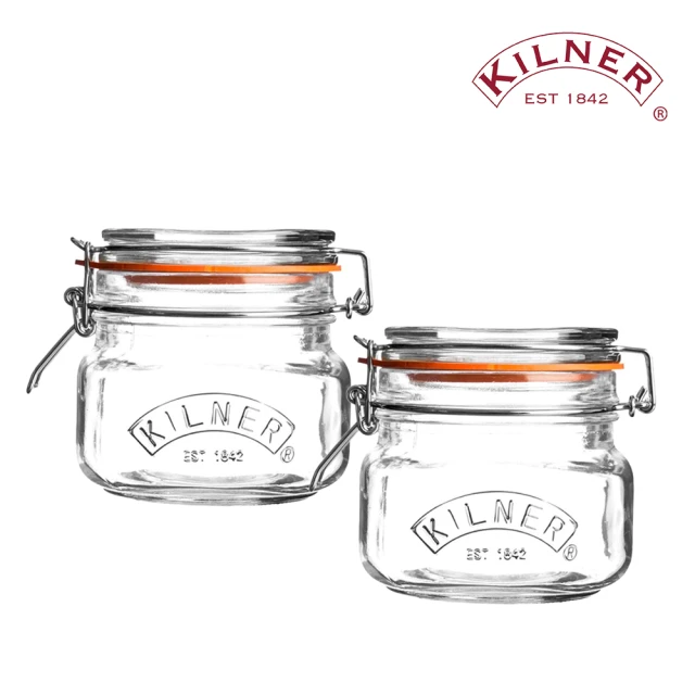 KILNER 買1送1-復古造型金屬夾扣方形玻璃密封罐-500ml(保鮮罐/密封罐/果醬罐)