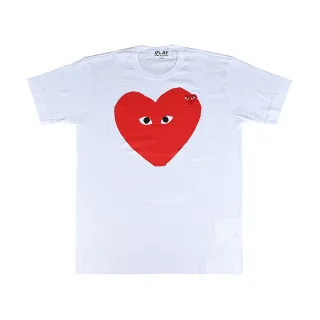 【川久保玲】Comme Des Garcons Play川久保玲小愛心布章搭不規則大愛心設計純棉短袖T恤(男款/白)