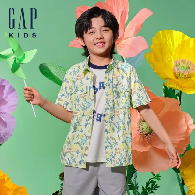 【GAP】男童裝 Logo純棉小熊印花翻領短袖襯衫-淺綠色(890513)