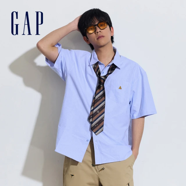 GAPGAP 男裝 純棉小熊刺繡翻領短袖襯衫-藍色(890877)