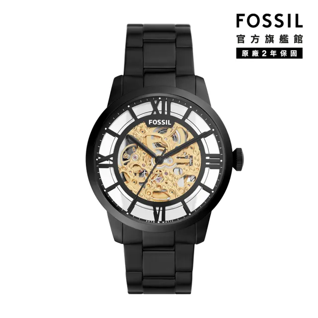 【FOSSIL 官方旗艦館】Townsman 金色鏤空羅馬數字機械錶 黑色不鏽鋼鍊帶 手錶 44mm ME3197