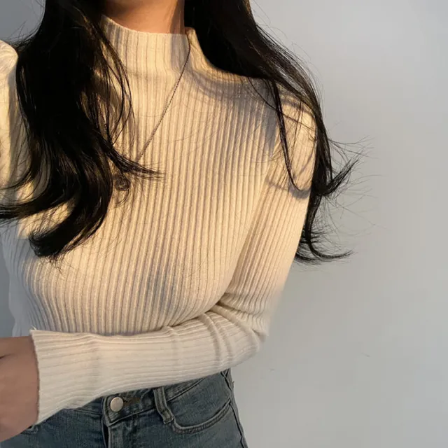 【baibeauty 白鳥麗子】雜誌款素面羅紋高領長袖上衣(針織衫)