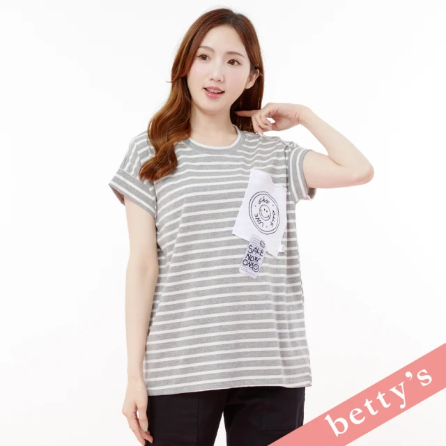 betty’s 貝蒂思 笑臉拼貼標籤條紋落肩T-shirt(灰色)