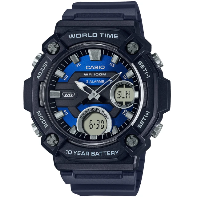 CASIO 卡西歐CASIO 卡西歐 學生錶 10年電力 冒險精神 計時雙顯錶-黑x藍(AEQ-120W-2AV)