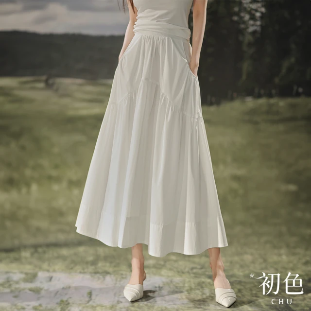 初色初色 清涼感簡約棉麻風彈性腰圍波浪形拼接中長裙半身裙-白色-33994(M-XL可選)