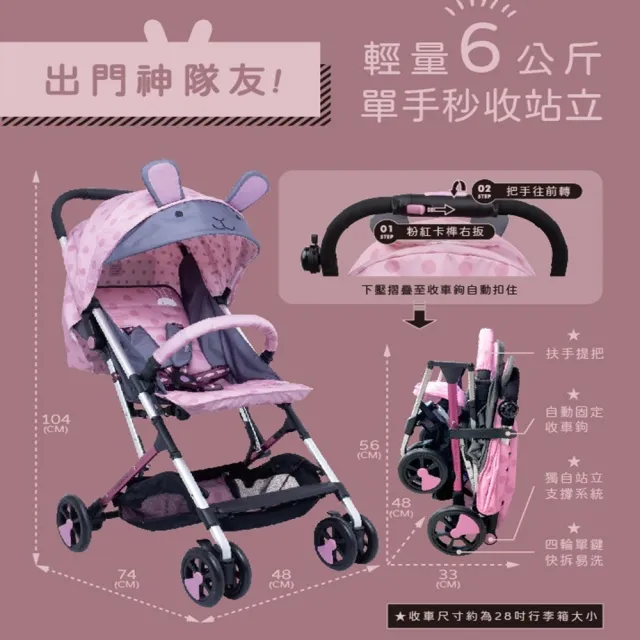 【HTGC】可登機 輕量秒收 單手折疊 嬰兒推車嬰兒車/單腳剎車/170度平躺/推車/手推車/娃娃車 粉兔兔