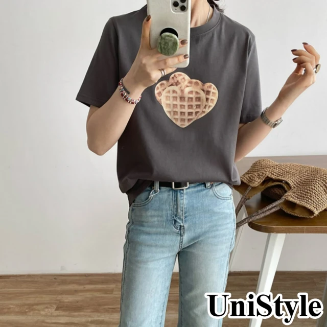 【UniStyle】韓版短袖T恤 愛心鬆餅印花上衣 UP1595(深灰)