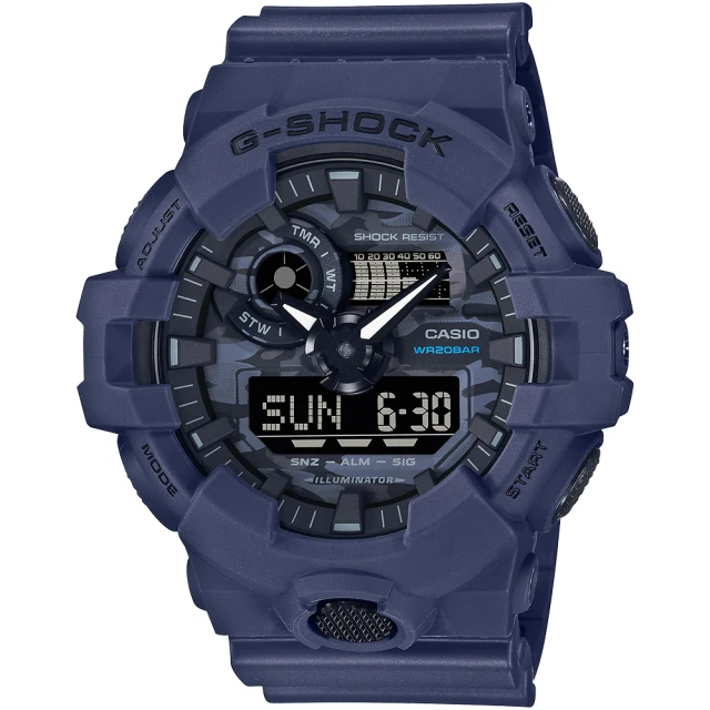 CASIO 卡西歐 G-SHOCK 城市迷彩 計時雙顯錶-藍 聖誕節 禮物(GA-700CA-2A)