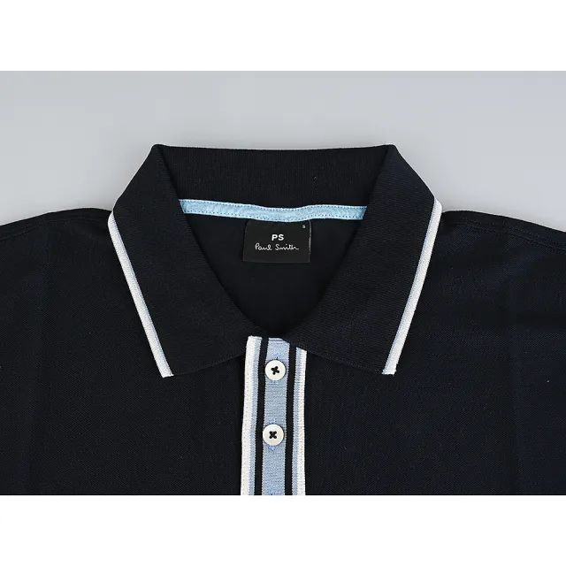 【Paul Smith】PAUL SMITH標籤LOGO條紋設計領口純棉短袖POLO衫(男款/深藍)