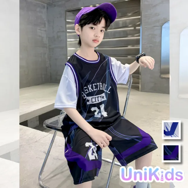 【UniKids】中大童裝2件套裝 速乾短袖T恤五分運動褲籃球服 男大童裝 CVTZE6086(黑 白)