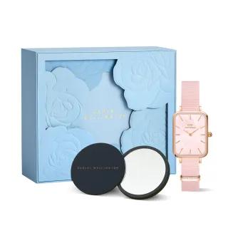 【Daniel Wellington】DW 手錶禮盒 Quadro Coral 20x26mm珍珠貝織紋小方錶+小圓鏡(DW00100509GB)