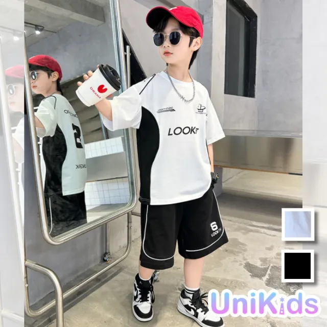 【UniKids】中大童裝2件套裝賽車風短袖T恤休閒五分褲  男大童裝 CVDJ1863(白 黑)