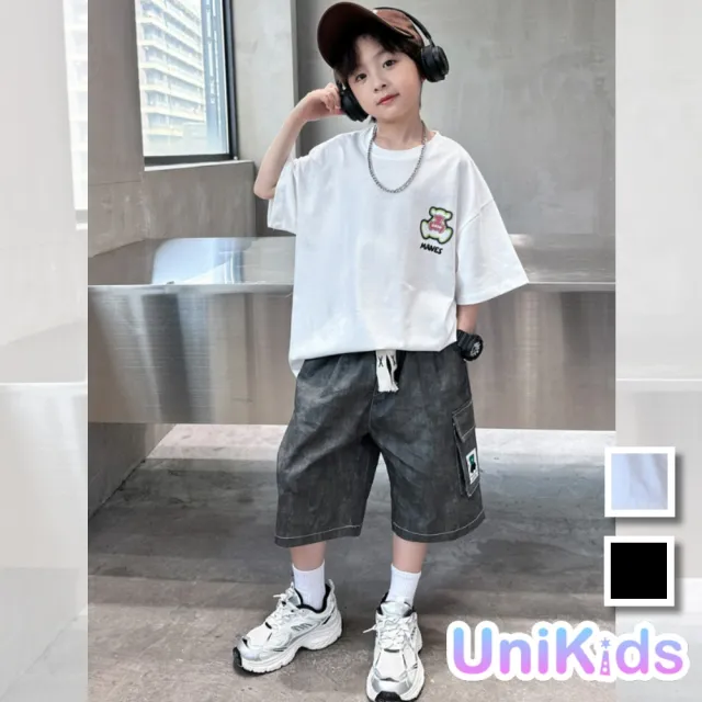 【UniKids】中大童裝2件套裝個性熊短袖T恤工裝五分褲 男大童裝 CV9080(白 黑)