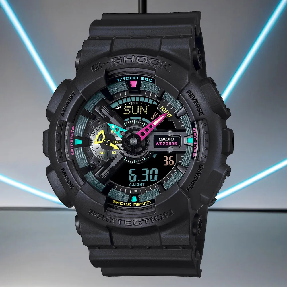 【CASIO 卡西歐】G-SHOCK 虛擬世界 霓虹科幻雙顯手錶 過年送禮 禮物 推薦(GA-110MF-1A)