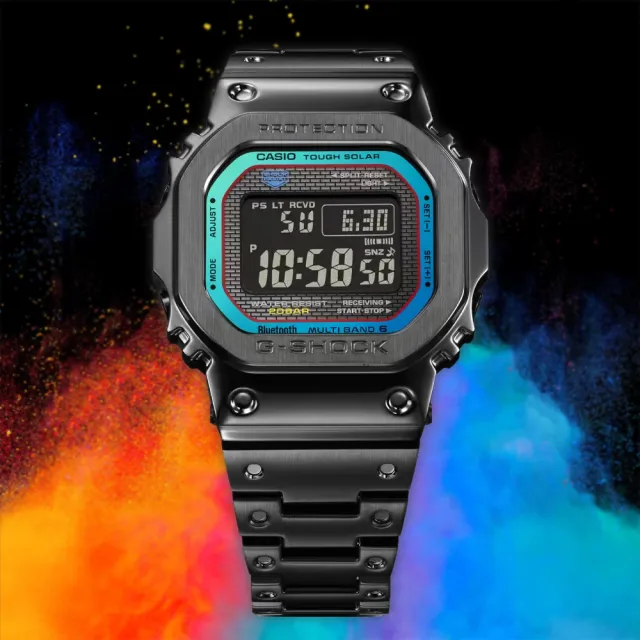 【CASIO 卡西歐】G-SHOCK 彩虹光譜 全金屬太陽能電波手錶 開學(GMW-B5000BPC-1)