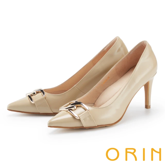 ORINORIN 質感造型飾釦真皮尖頭高跟鞋(杏色)