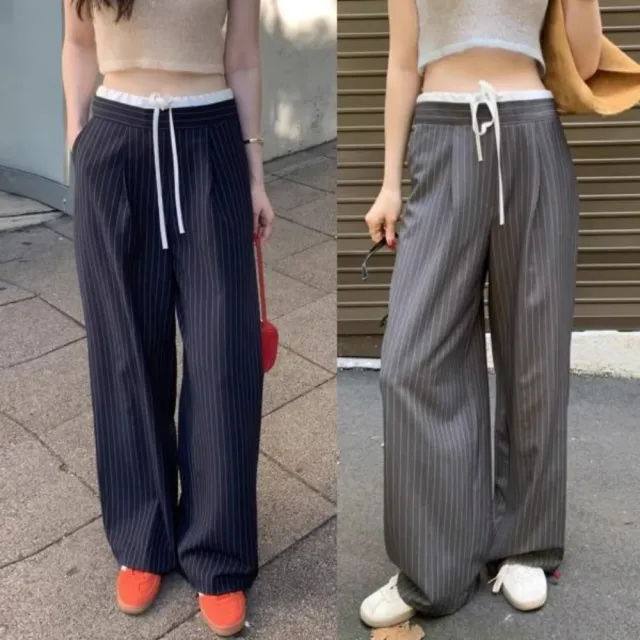 【baibeauty 白鳥麗子】街頭顯瘦條紋拼接綁帶落地長褲(寬褲)