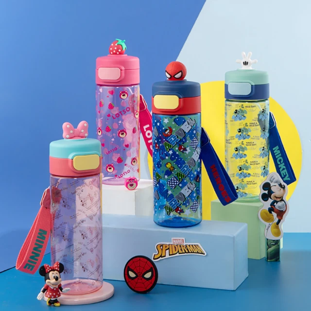 【Disney 迪士尼】3D公仔造型Tritan輕便尼龍提帶兒童彈蓋直飲水壺 - 530ml(蜘蛛人/草莓熊/米奇/米妮)